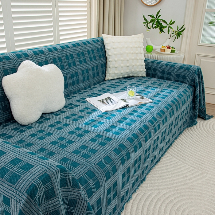 91家纺网 家纺一手货源 找家纺 沐沐家纺 2026新款无印风沙发巾 深蓝格纹