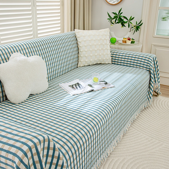 91家纺网 家纺一手货源 找家纺 沐沐家纺 2026新款无印风沙发巾 蓝色格纹