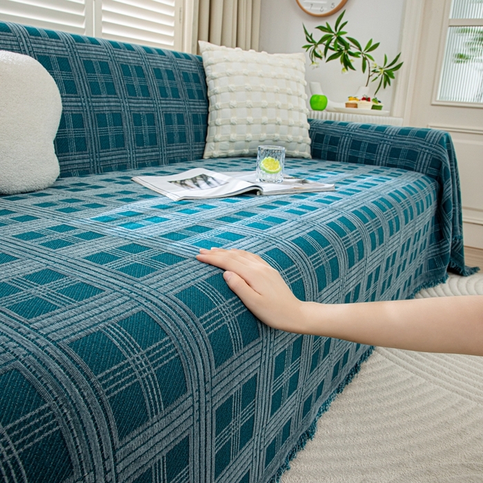 91家纺网 家纺一手货源 找家纺 沐沐家纺 2026新款无印风沙发巾 深蓝格纹