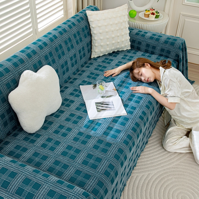 91家纺网 家纺一手货源 找家纺 沐沐家纺 2026新款无印风沙发巾 深蓝格纹