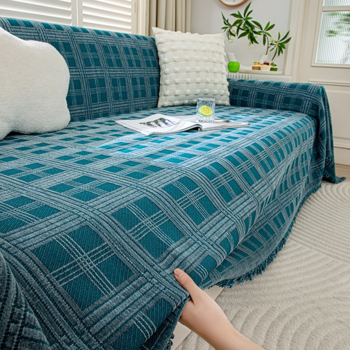 沐沐家纺 2026新款无印风沙发巾 深蓝格纹
