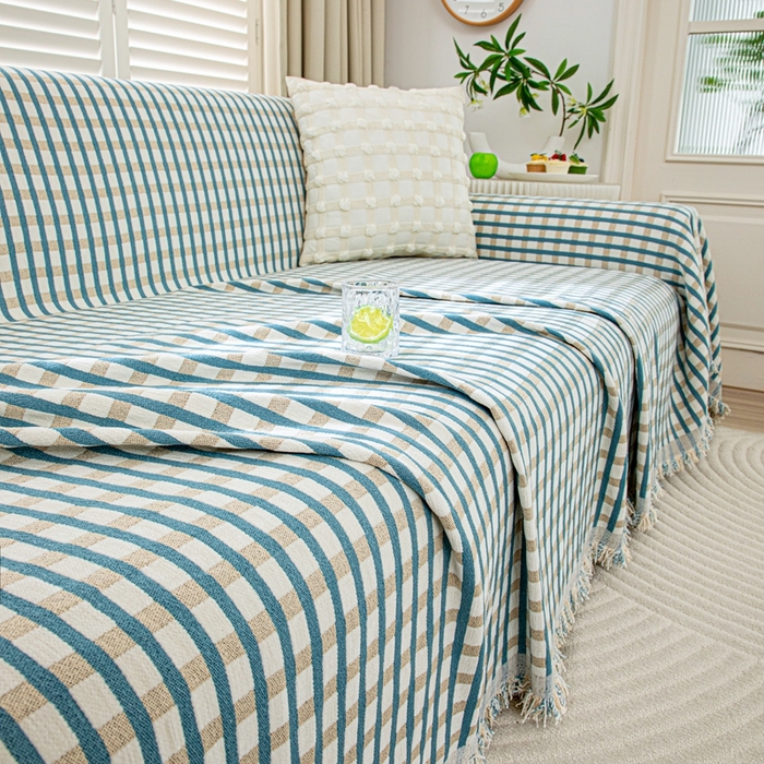 91家纺网 家纺一手货源 找家纺 沐沐家纺 2026新款无印风沙发巾 蓝色格纹