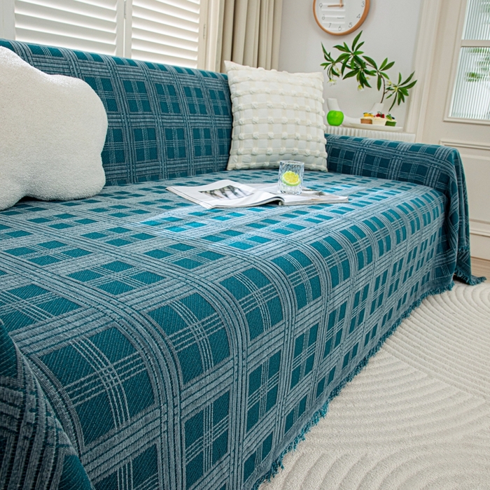 91家纺网 家纺一手货源 找家纺 沐沐家纺 2026新款无印风沙发巾 深蓝格纹