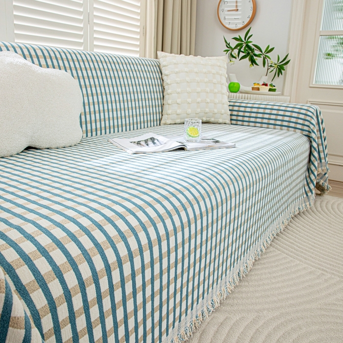 91家纺网 家纺一手货源 找家纺 沐沐家纺 2026新款无印风沙发巾 蓝色格纹