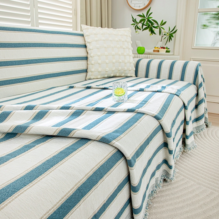 91家纺网 家纺一手货源 找家纺 沐沐家纺 2026新款无印风沙发巾 蓝色条纹