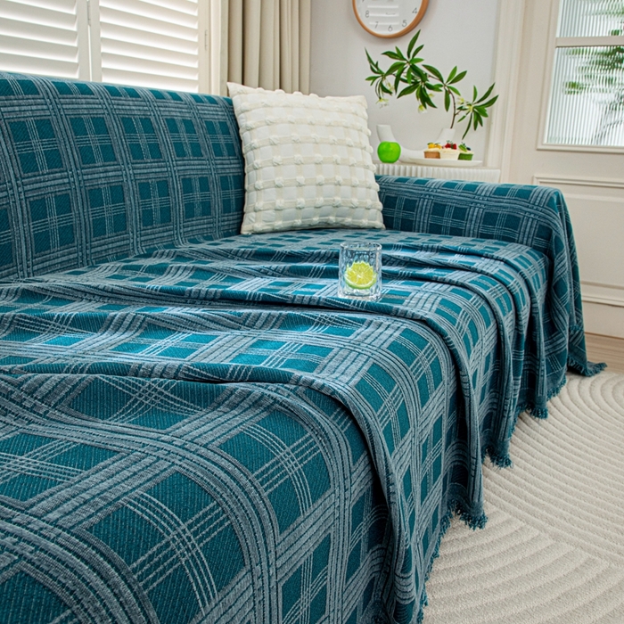 91家纺网 家纺一手货源 找家纺 沐沐家纺 2026新款无印风沙发巾 深蓝格纹