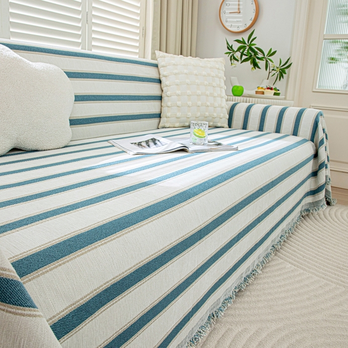 91家纺网 家纺一手货源 找家纺 沐沐家纺 2026新款无印风沙发巾 蓝色条纹