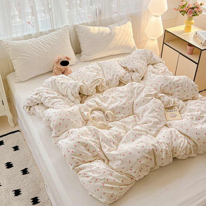 91家纺网 家纺一手货源 找家纺 朵朵家纺2025直播云感床单款三四件套水洗简约风小碎花被套床笠三四件套花语