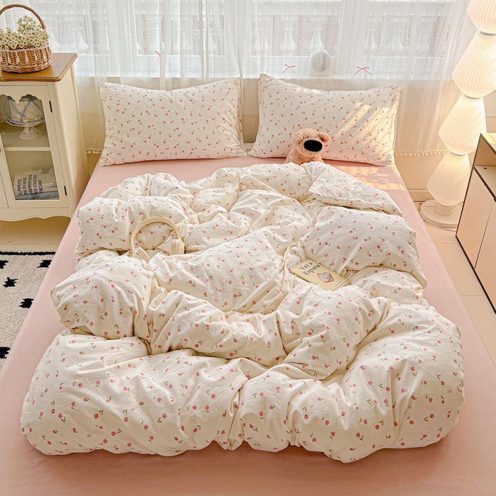 91家纺网 家纺一手货源 找家纺 朵朵家纺2025直播云感床单款三四件套水洗简约风小碎花被套床笠三四件套花语