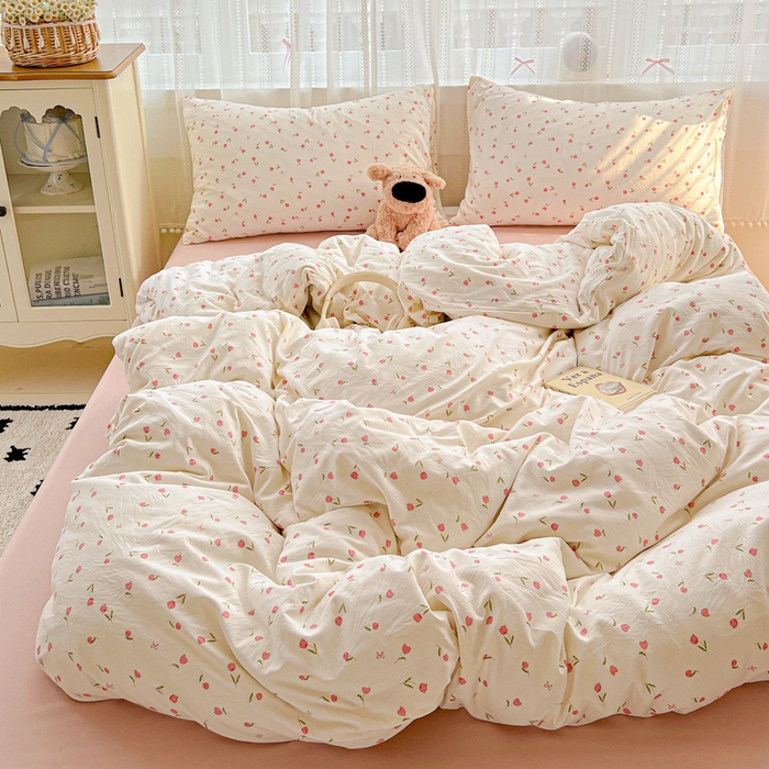 91家纺网 家纺一手货源 找家纺 朵朵家纺2025直播云感床单款三四件套水洗简约风小碎花被套床笠三四件套花语