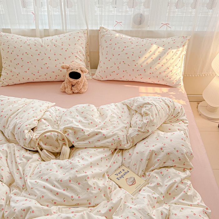 91家纺网 家纺一手货源 找家纺 朵朵家纺2025直播云感床单款三四件套水洗简约风小碎花被套床笠三四件套花语