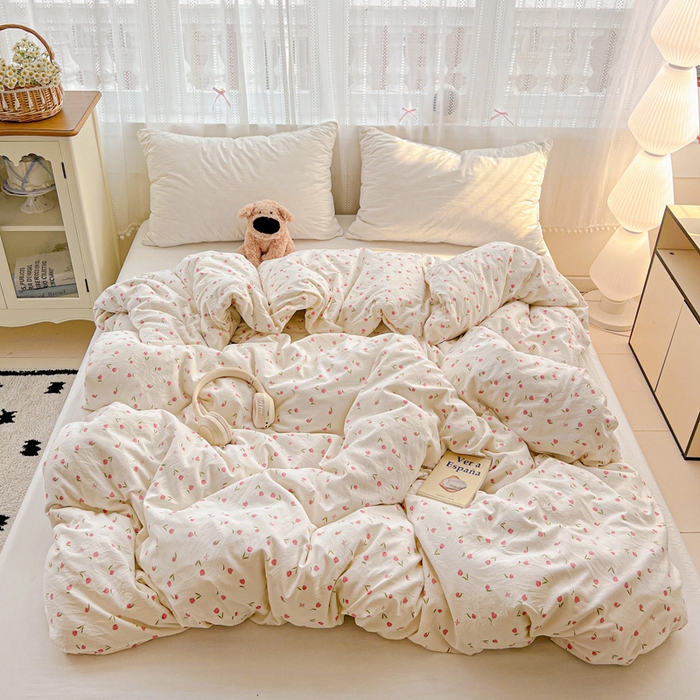 91家纺网 家纺一手货源 找家纺 朵朵家纺2025直播云感床单款三四件套水洗简约风小碎花被套床笠三四件套花语