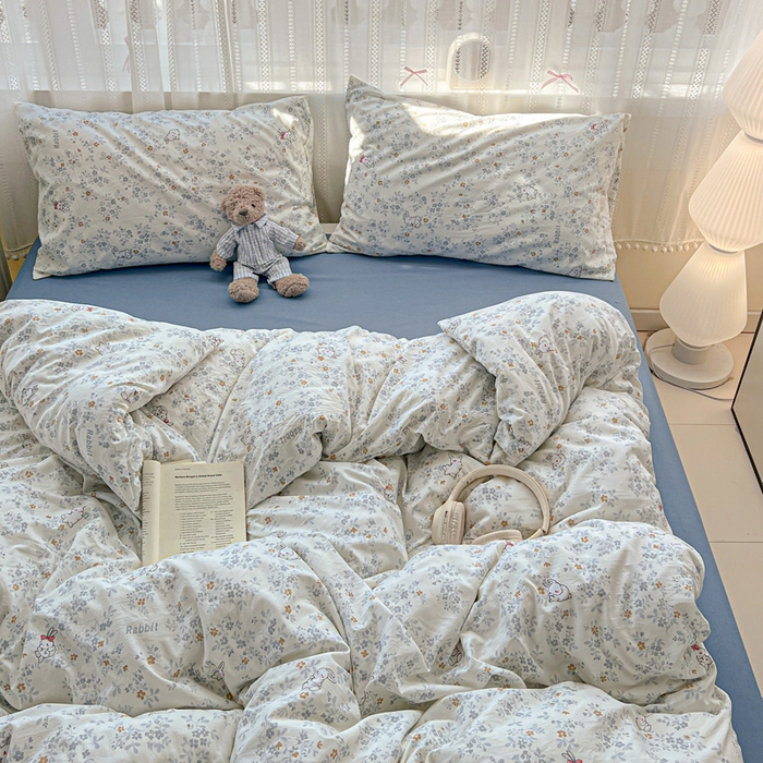 91家纺网 家纺一手货源 找家纺 朵朵家纺2025直播云感床单款三四件套水洗简约风小碎花被套床笠三四件套秘境兔