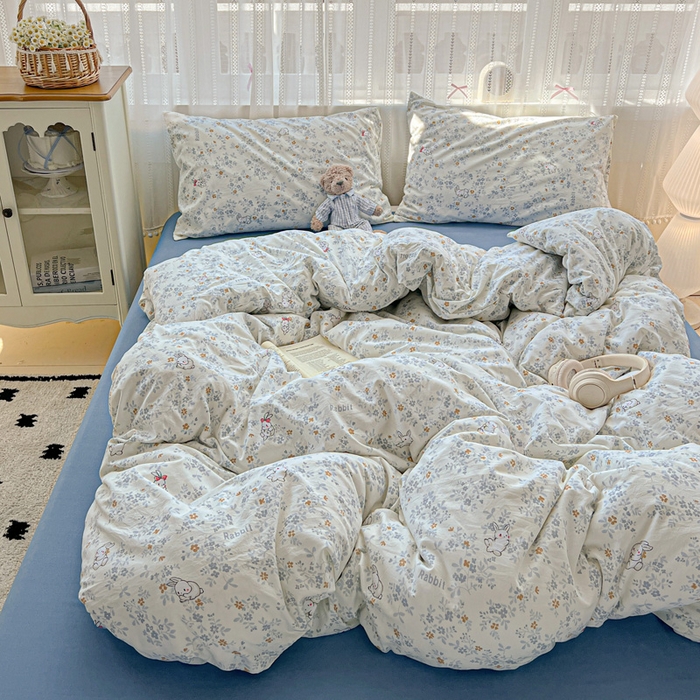 91家纺网 家纺一手货源 找家纺 朵朵家纺2025直播云感床单款三四件套水洗简约风小碎花被套床笠三四件套秘境兔