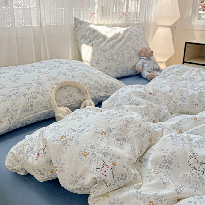 91家纺网 家纺一手货源 找家纺 朵朵家纺2025直播云感床单款三四件套水洗简约风小碎花被套床笠三四件套秘境兔