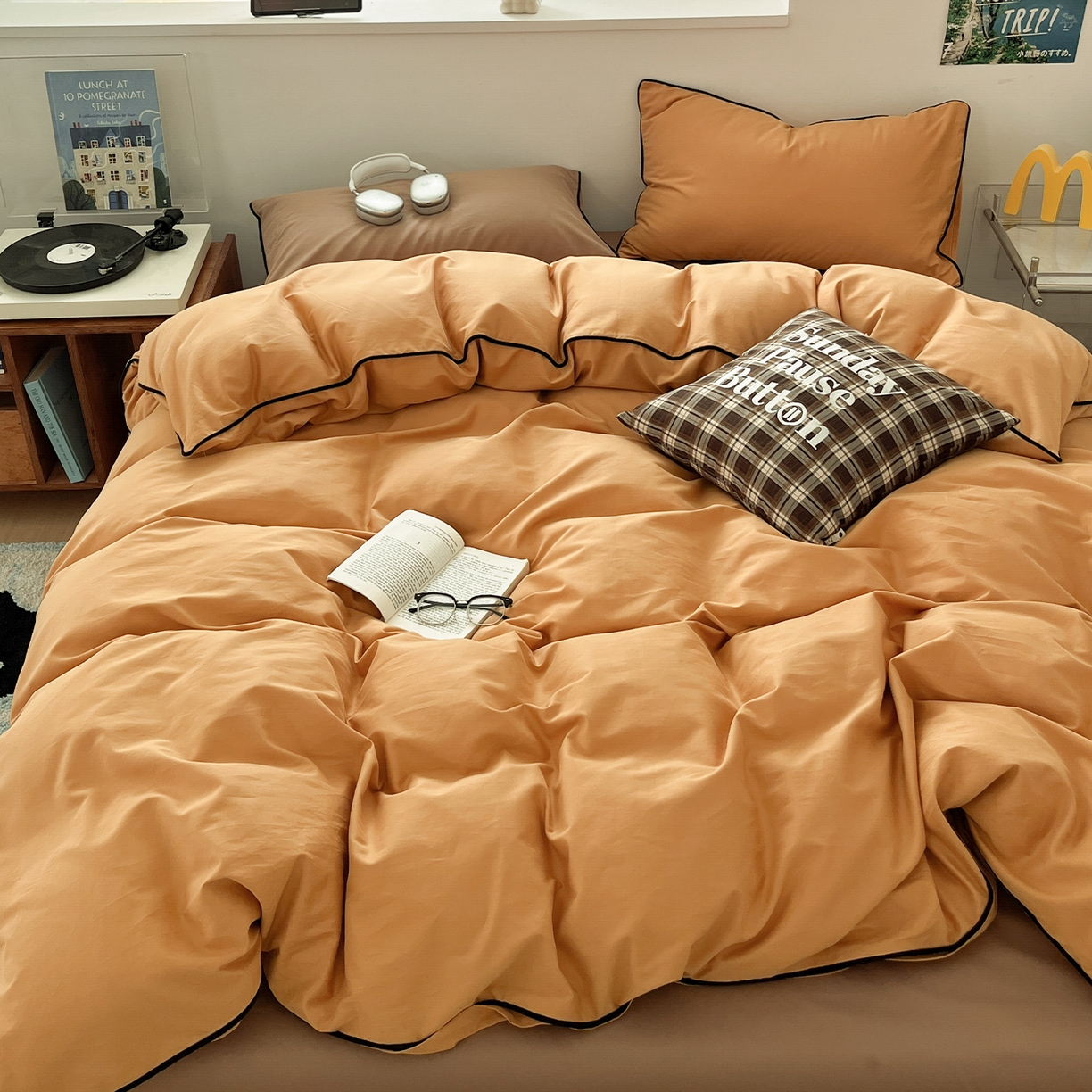 三朵家纺 2025新款50支加厚全棉纯棉磨毛混搭四件套-美拉德系列 天橙色