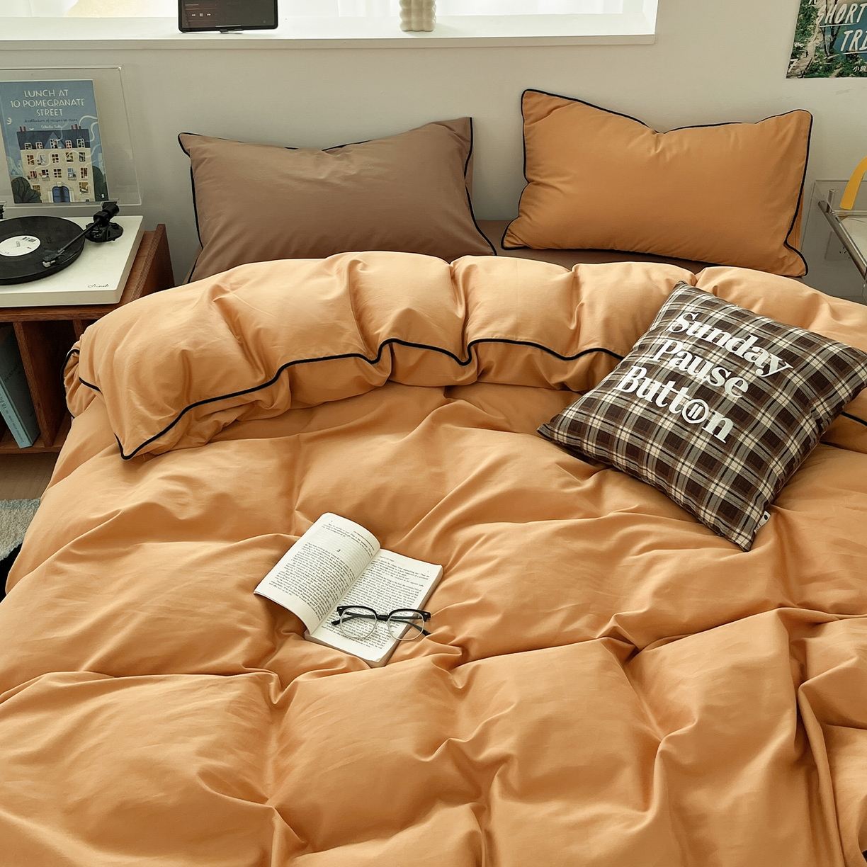 91家纺网 家纺一手货源 找家纺 三朵家纺 2025新款50支加厚全棉纯棉磨毛混搭四件套-美拉德系列 天橙色