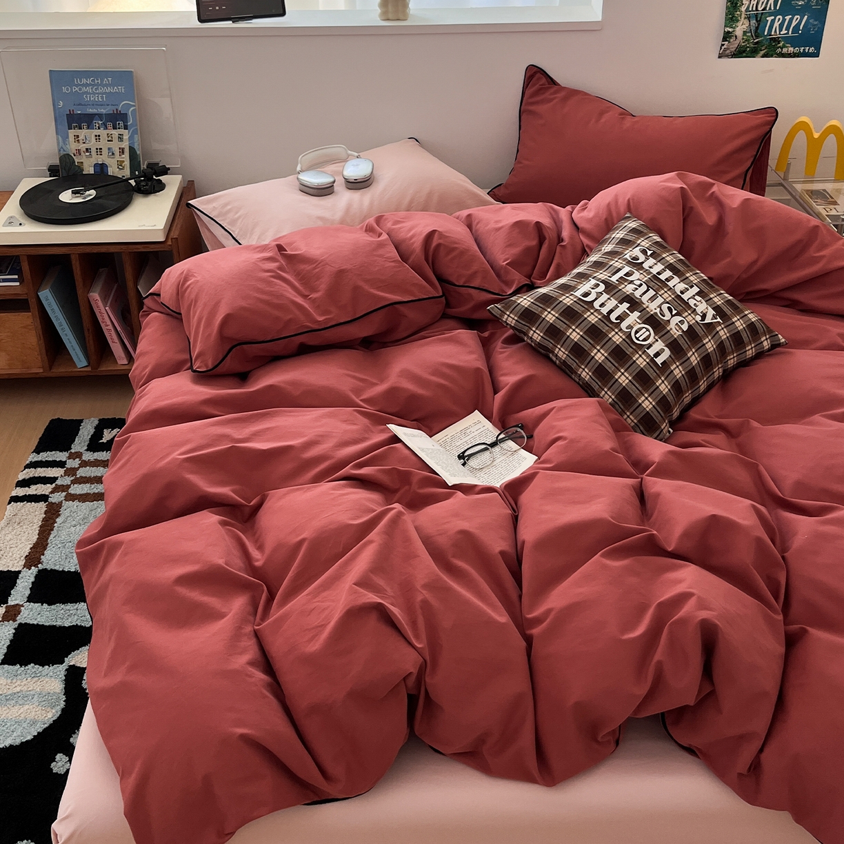 三朵家纺 2025新款50支加厚全棉纯棉磨毛混搭四件套-美拉德系列 维尼红