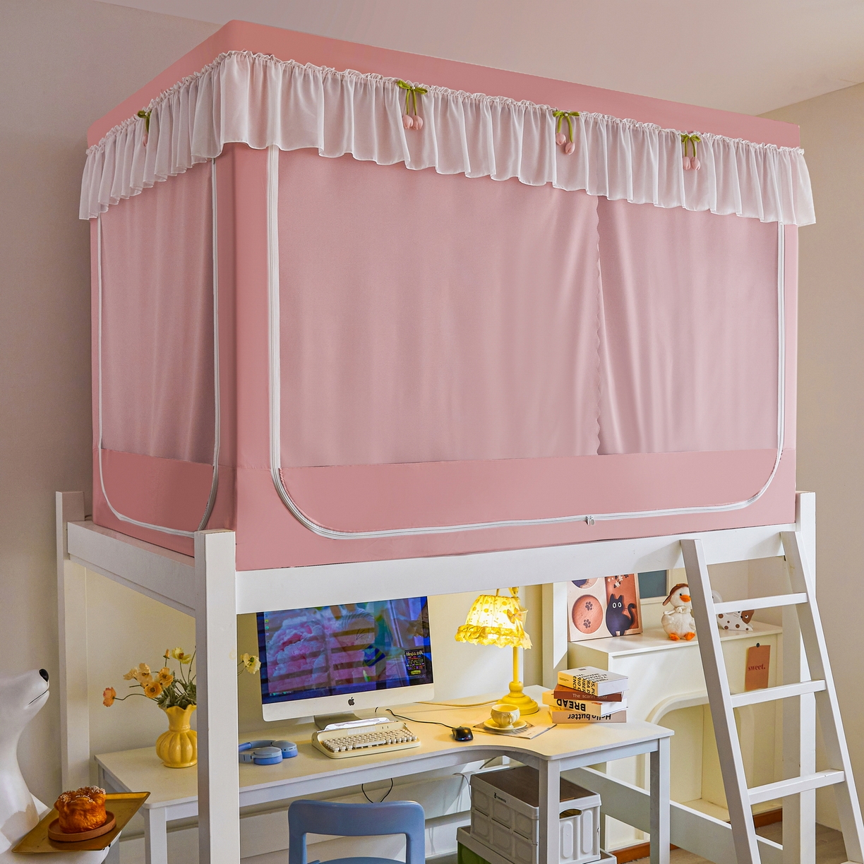 91家纺网 家纺一手货源 找家纺 （总）艾晶美家纺有限公司 2025新款公主学生全包上下铺遮光床帘学生蚊帐