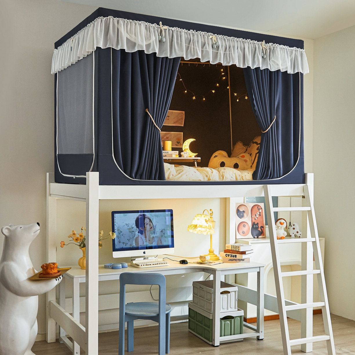 91家纺网 家纺一手货源 找家纺 艾晶美家纺有限公司 2025新款公主学生全包上下铺遮光床帘学生蚊帐 宝蓝