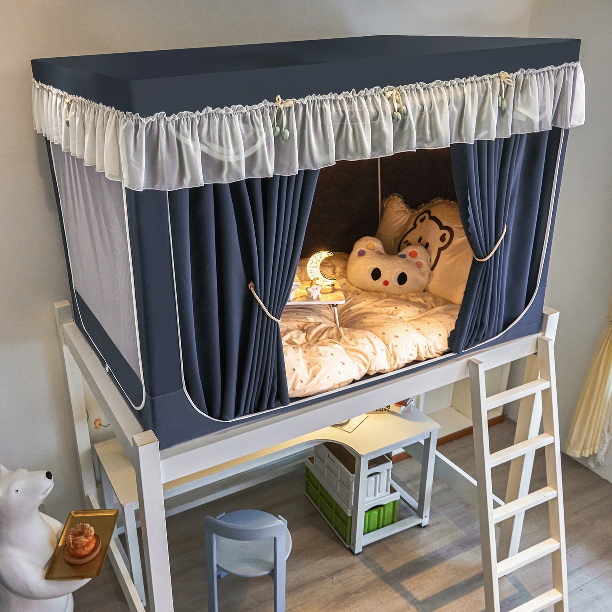 91家纺网 家纺一手货源 找家纺 艾晶美家纺有限公司 2025新款公主学生全包上下铺遮光床帘学生蚊帐 宝蓝