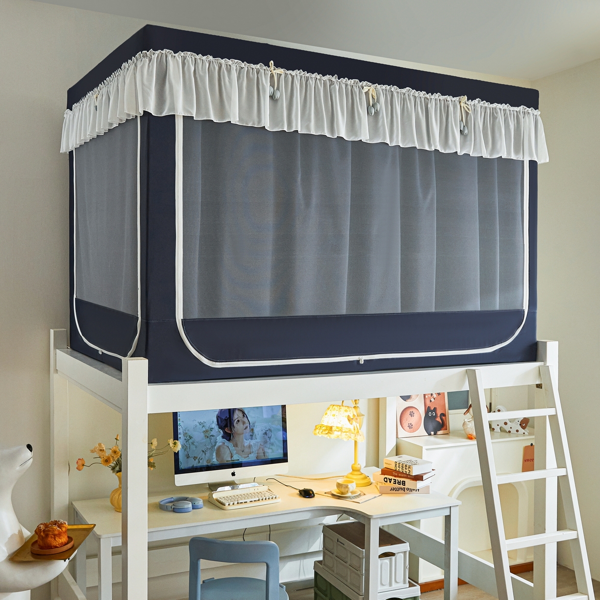 91家纺网 家纺一手货源 找家纺 艾晶美家纺有限公司 2025新款公主学生全包上下铺遮光床帘学生蚊帐 宝蓝