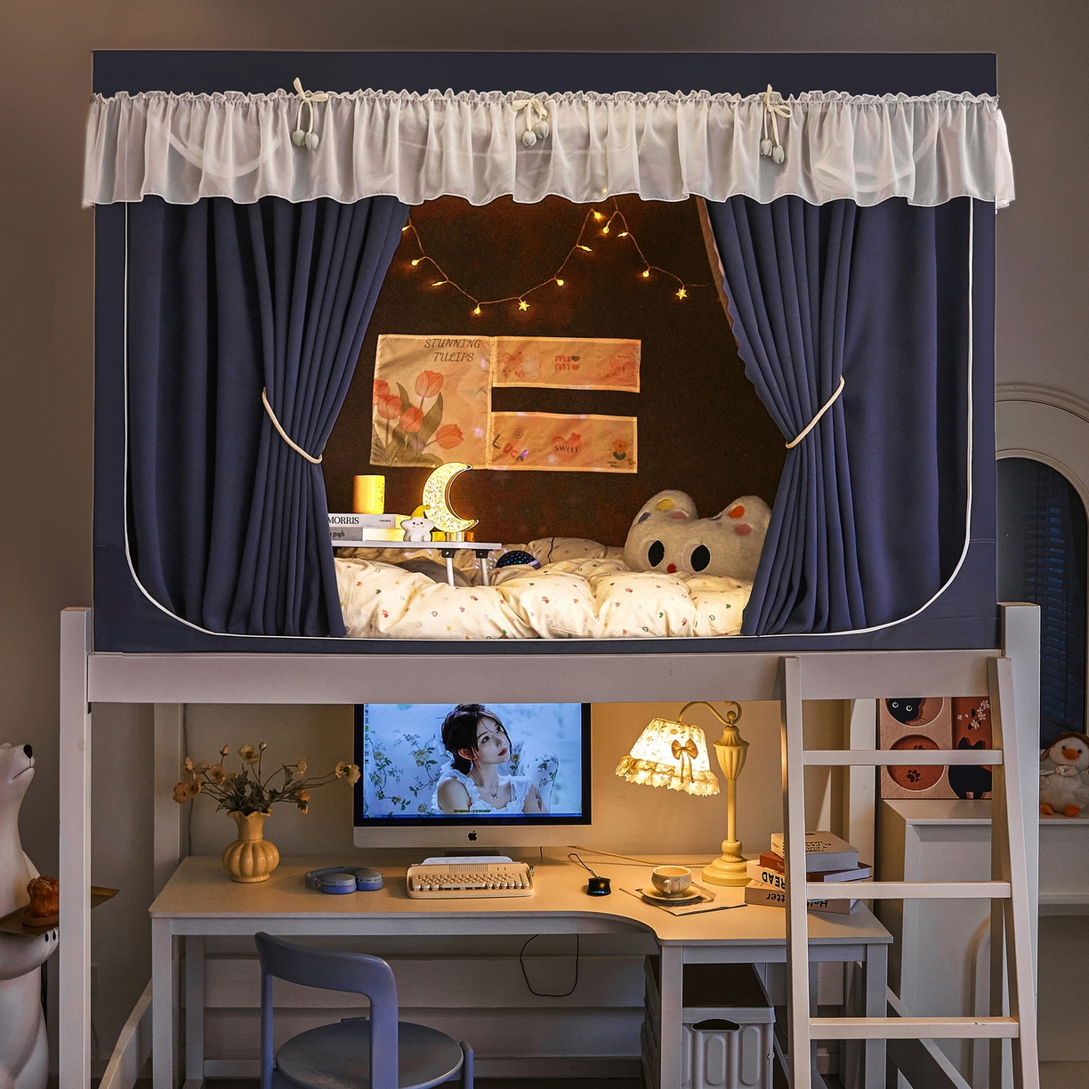 91家纺网 家纺一手货源 找家纺 艾晶美家纺有限公司 2025新款公主学生全包上下铺遮光床帘学生蚊帐 宝蓝