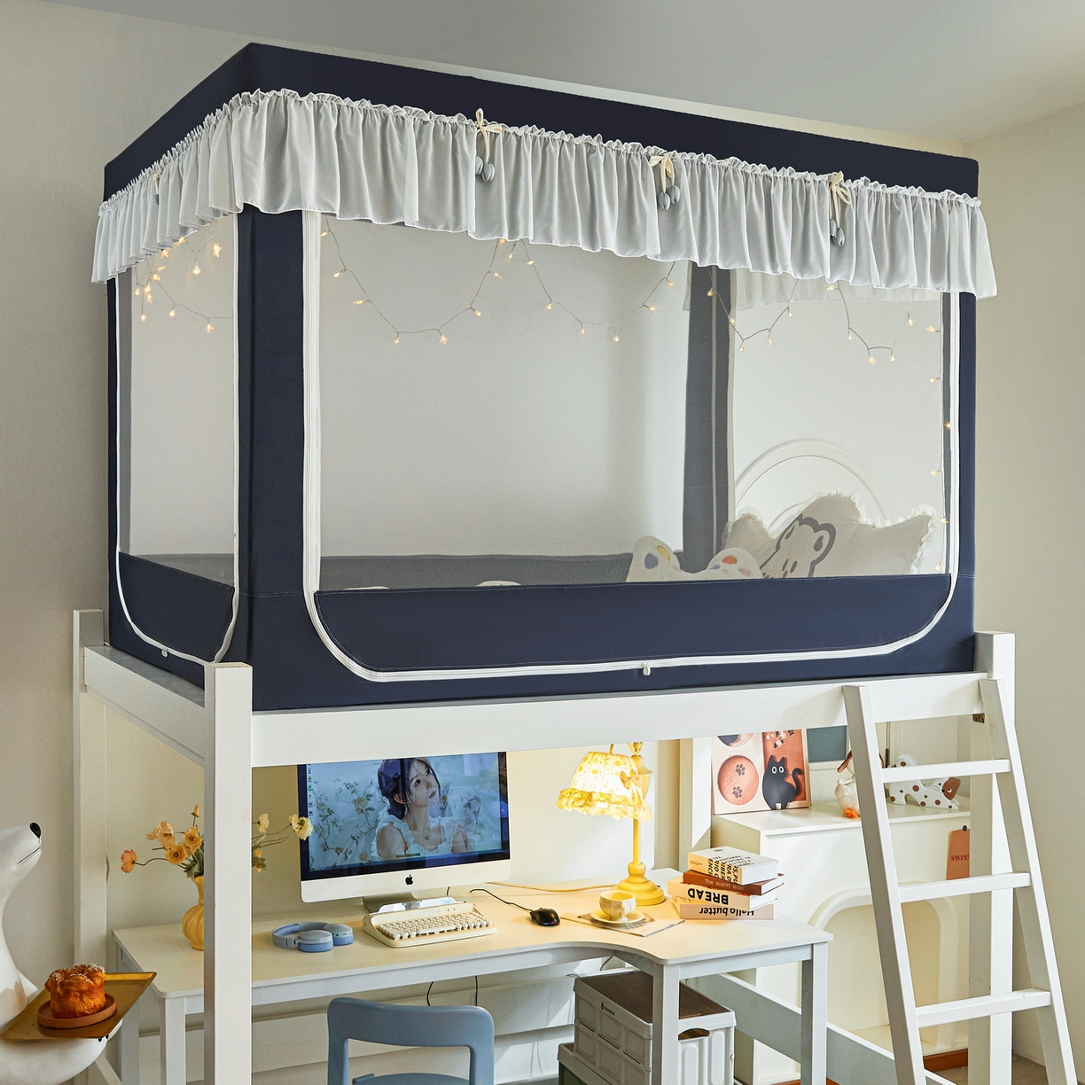 91家纺网 家纺一手货源 找家纺 艾晶美家纺有限公司 2025新款公主学生全包上下铺遮光床帘学生蚊帐 宝蓝