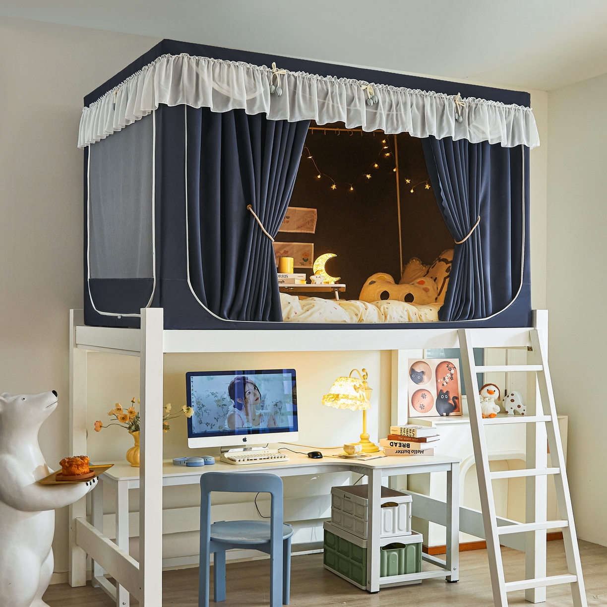 91家纺网 家纺一手货源 找家纺 艾晶美家纺有限公司 2025新款公主学生全包上下铺遮光床帘学生蚊帐 宝蓝