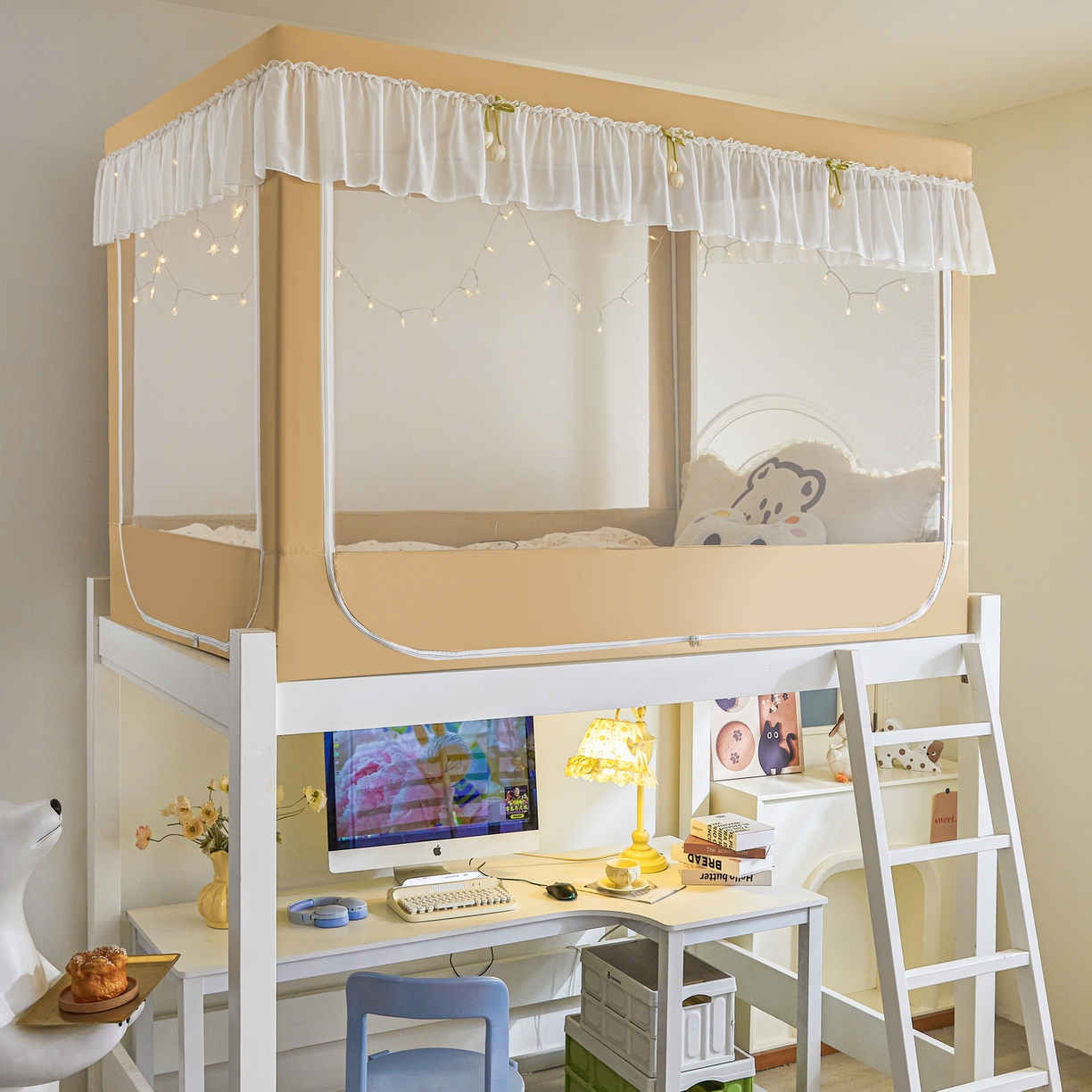 91家纺网 家纺一手货源 找家纺 艾晶美家纺有限公司 2025新款公主学生全包上下铺遮光床帘学生蚊帐 米咖