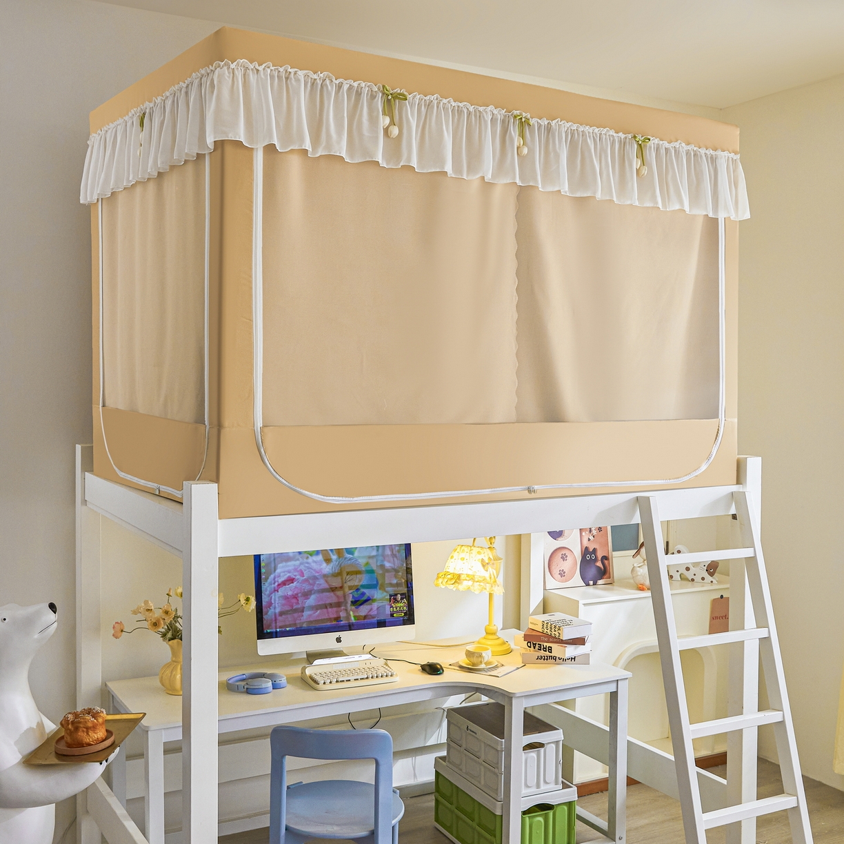 91家纺网 家纺一手货源 找家纺 艾晶美家纺有限公司 2025新款公主学生全包上下铺遮光床帘学生蚊帐 米咖