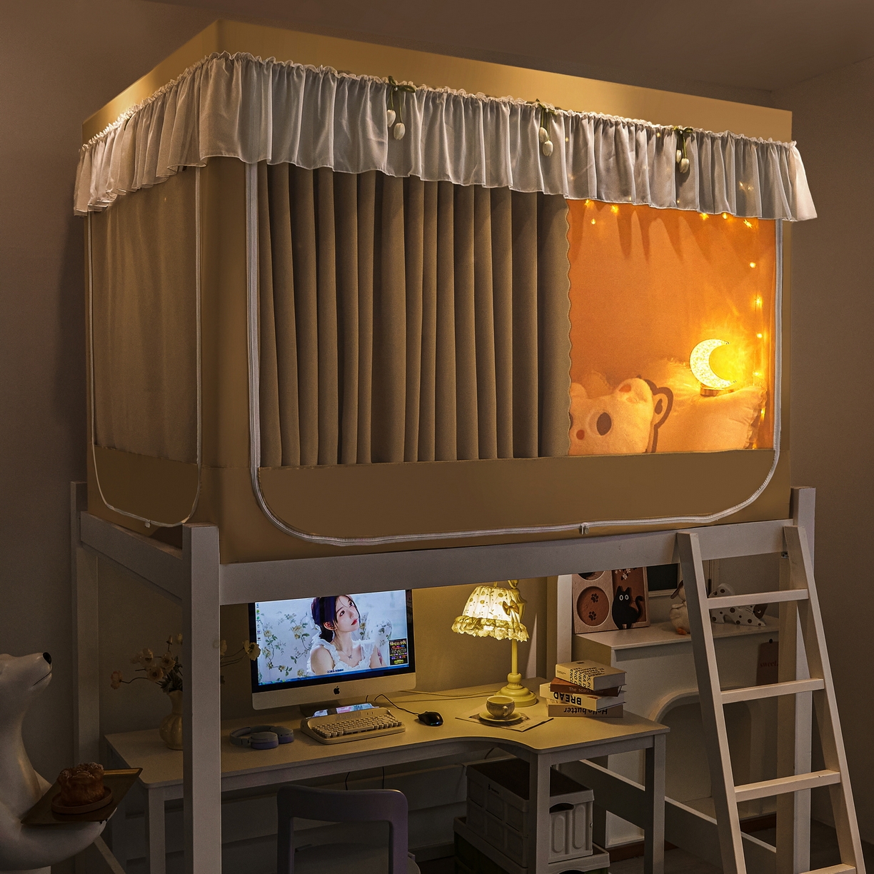 91家纺网 家纺一手货源 找家纺 艾晶美家纺有限公司 2025新款公主学生全包上下铺遮光床帘学生蚊帐 米咖