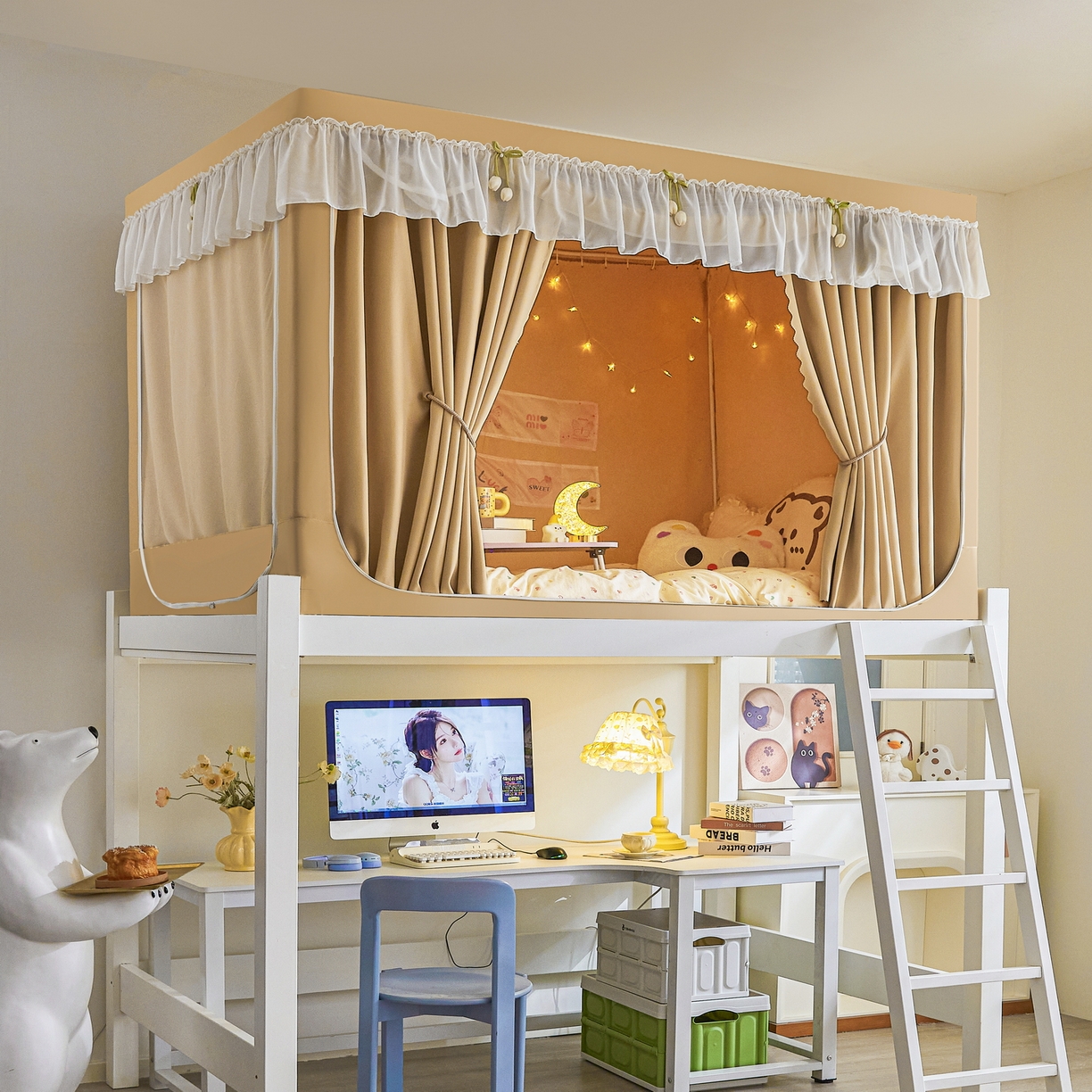 91家纺网 家纺一手货源 找家纺 艾晶美家纺有限公司 2025新款公主学生全包上下铺遮光床帘学生蚊帐 米咖