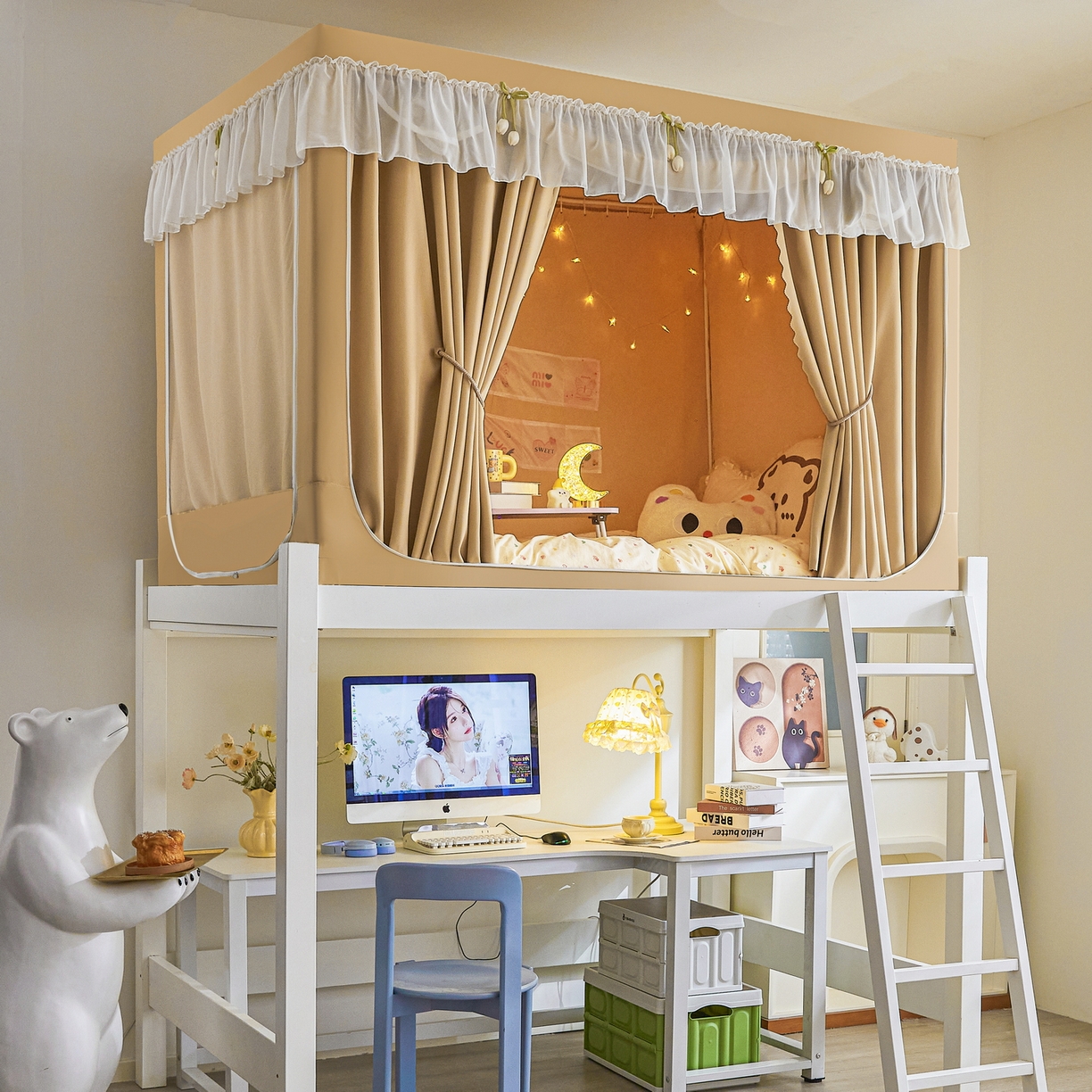 91家纺网 家纺一手货源 找家纺 艾晶美家纺有限公司 2025新款公主学生全包上下铺遮光床帘学生蚊帐 米咖