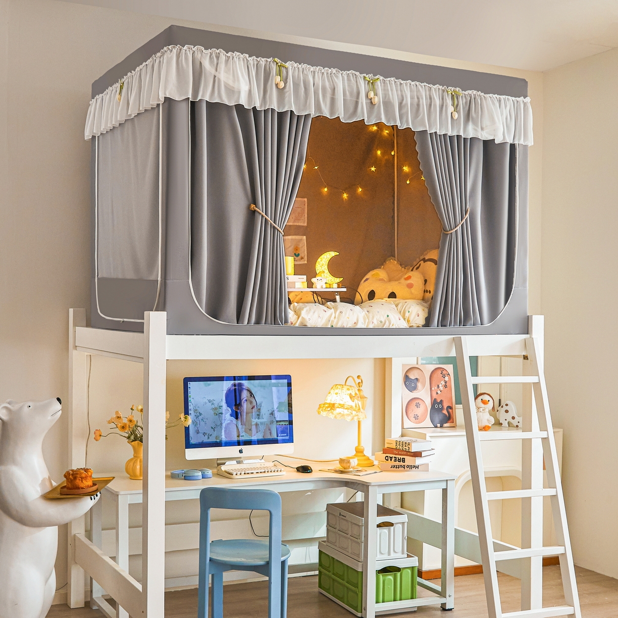 91家纺网 家纺一手货源 找家纺 艾晶美家纺有限公司 2025新款公主学生全包上下铺遮光床帘学生蚊帐 雅灰