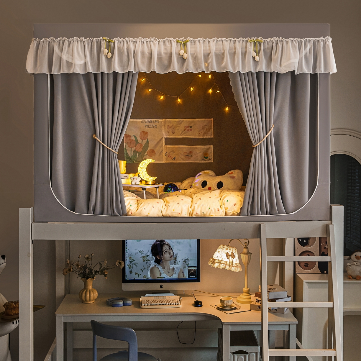 91家纺网 家纺一手货源 找家纺 艾晶美家纺有限公司 2025新款公主学生全包上下铺遮光床帘学生蚊帐 雅灰