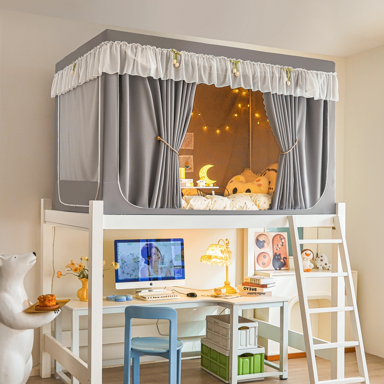 91家纺网 家纺一手货源 找家纺 艾晶美家纺有限公司 2025新款公主学生全包上下铺遮光床帘学生蚊帐 雅灰