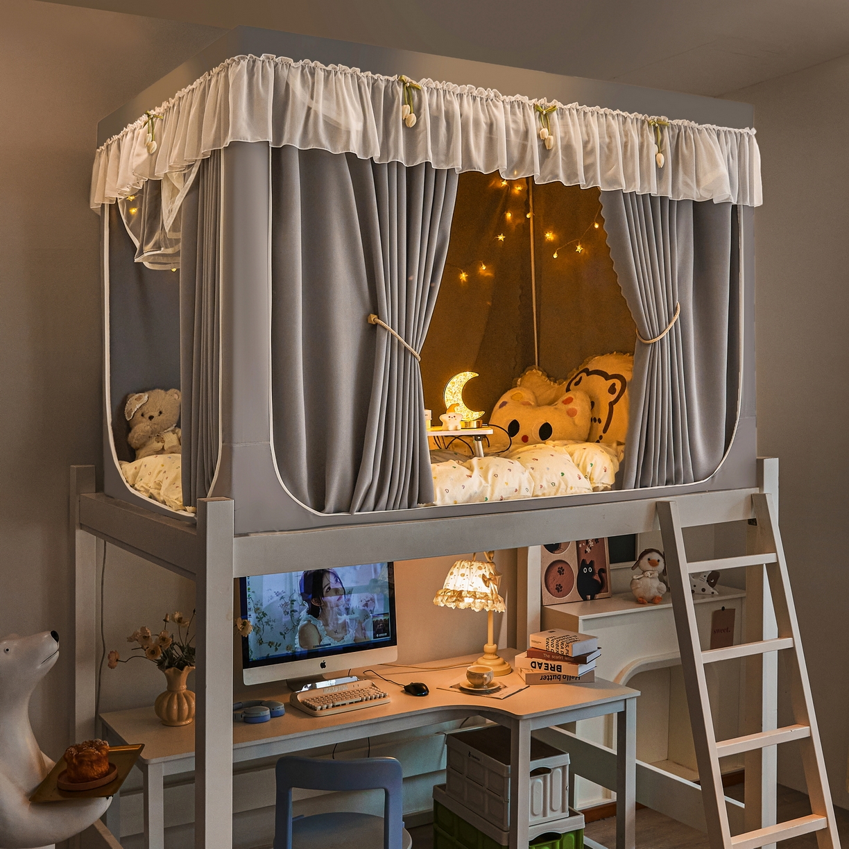 91家纺网 家纺一手货源 找家纺 艾晶美家纺有限公司 2025新款公主学生全包上下铺遮光床帘学生蚊帐 雅灰