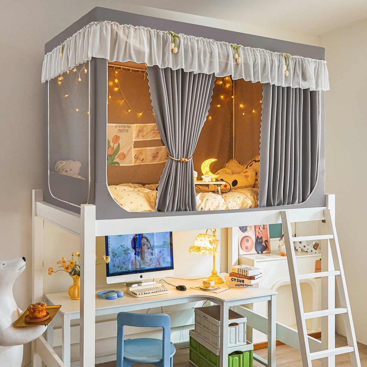 91家纺网 家纺一手货源 找家纺 艾晶美家纺有限公司 2025新款公主学生全包上下铺遮光床帘学生蚊帐 雅灰