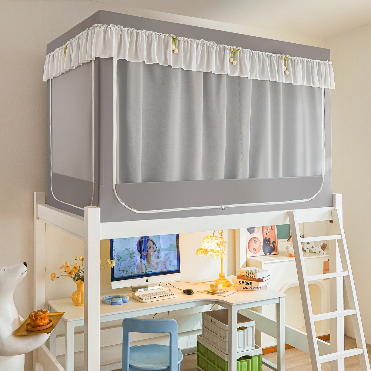 91家纺网 家纺一手货源 找家纺 艾晶美家纺有限公司 2025新款公主学生全包上下铺遮光床帘学生蚊帐 雅灰