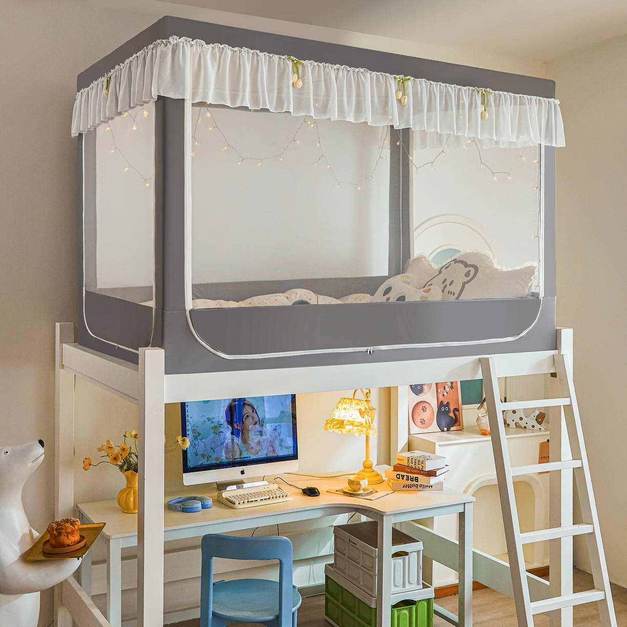 91家纺网 家纺一手货源 找家纺 艾晶美家纺有限公司 2025新款公主学生全包上下铺遮光床帘学生蚊帐 雅灰