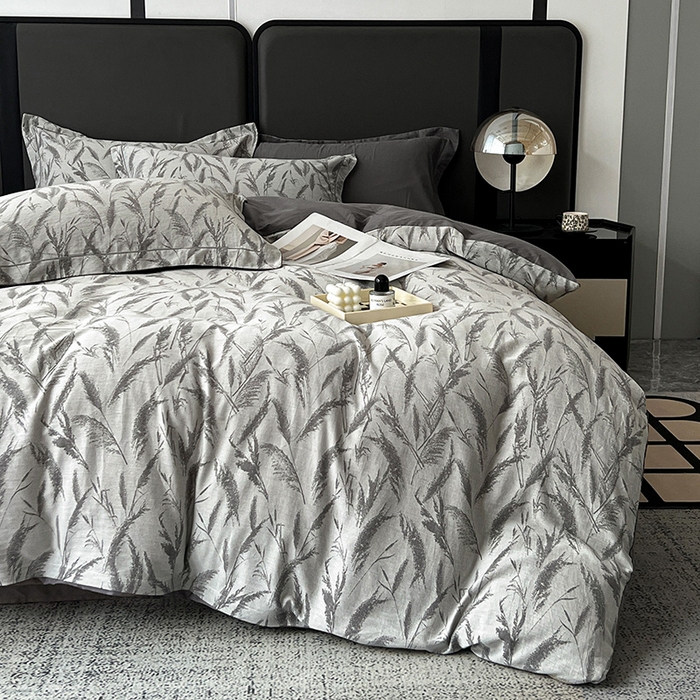 91家纺网 家纺一手货源 找家纺 锦彩家居 2025新款A类60支全棉纯棉色织提花四件套-复古风系列 风吹穗绒-灰