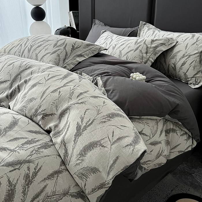 91家纺网 家纺一手货源 找家纺 锦彩家居 2025新款A类60支全棉纯棉色织提花四件套-复古风系列 风吹穗绒-灰