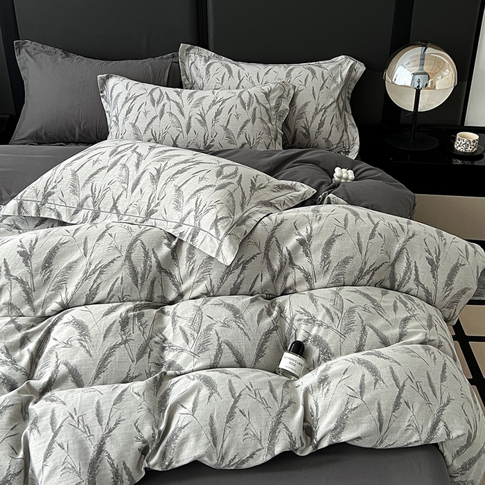 91家纺网 家纺一手货源 找家纺 锦彩家居 2025新款A类60支全棉纯棉色织提花四件套-复古风系列 风吹穗绒-灰