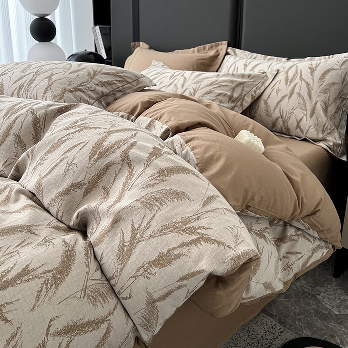 91家纺网 家纺一手货源 找家纺 锦彩家居 2025新款A类60支全棉纯棉色织提花四件套-复古风系列 风吹穗绒-卡其