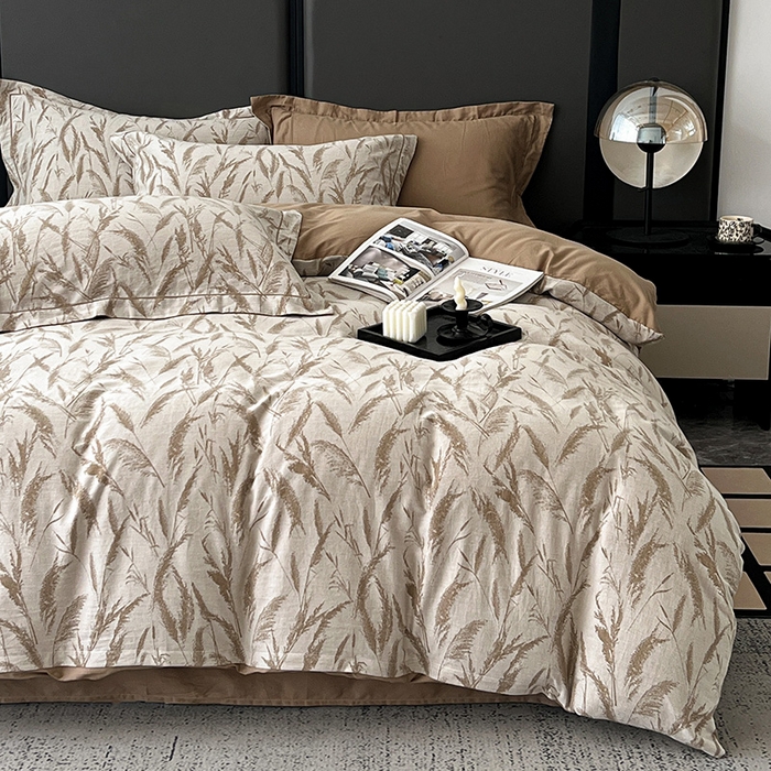 91家纺网 家纺一手货源 找家纺 锦彩家居 2025新款A类60支全棉纯棉色织提花四件套-复古风系列 风吹穗绒-卡其