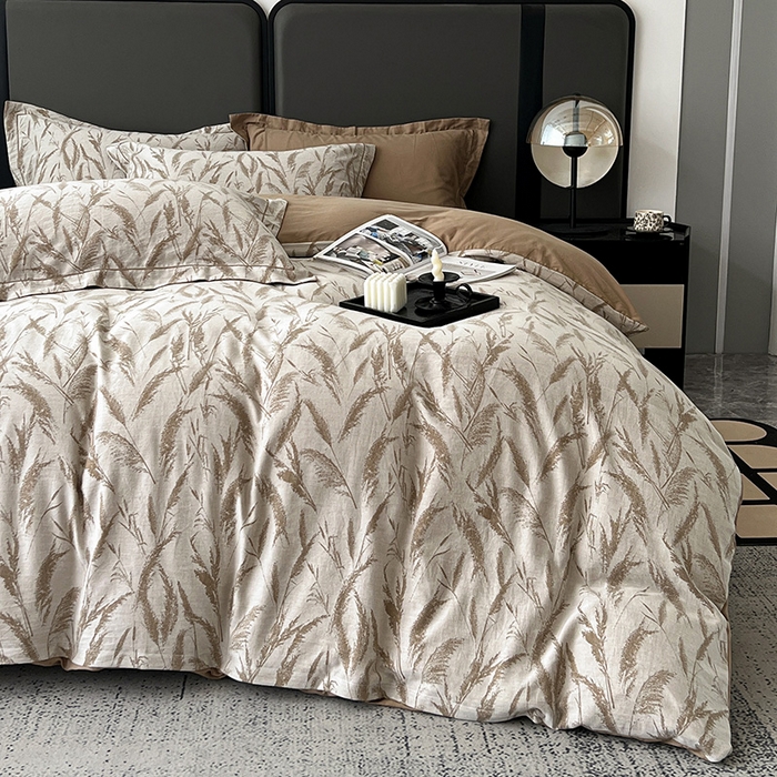 91家纺网 家纺一手货源 找家纺 锦彩家居 2025新款A类60支全棉纯棉色织提花四件套-复古风系列 风吹穗绒-卡其