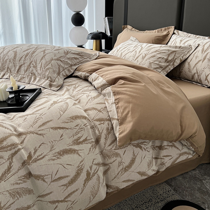 91家纺网 家纺一手货源 找家纺 锦彩家居 2025新款A类60支全棉纯棉色织提花四件套-复古风系列 风吹穗绒-卡其