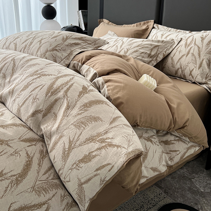 91家纺网 家纺一手货源 找家纺 锦彩家居 2025新款A类60支全棉纯棉色织提花四件套-复古风系列 风吹穗绒-卡其