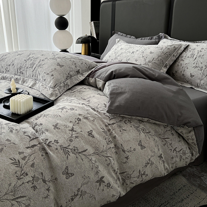 91家纺网 家纺一手货源 找家纺 锦彩家居 2025新款A类60支全棉纯棉色织提花四件套-复古风系列 蝴蝶花影-灰